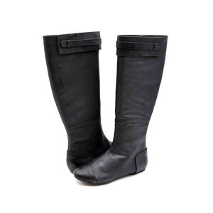 Max Studio Draping Womens 7.5 Riding Boots Black Leather Full Side Zip Cap Toe